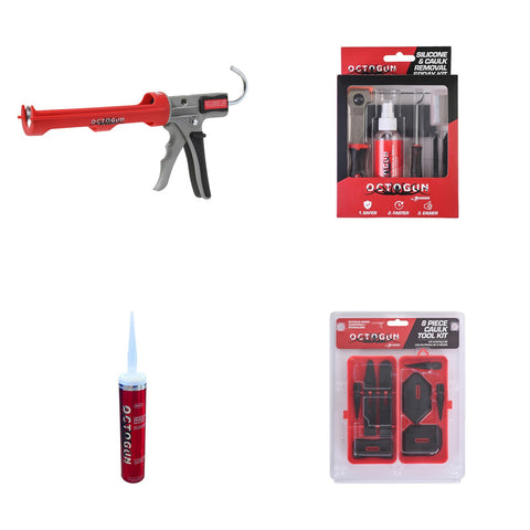 Caulk Club Gear Bundle: Octogun 208D gun, Silicone & Caulk Removal Kit, Octogun Silicone, and Caulk Tool Kit