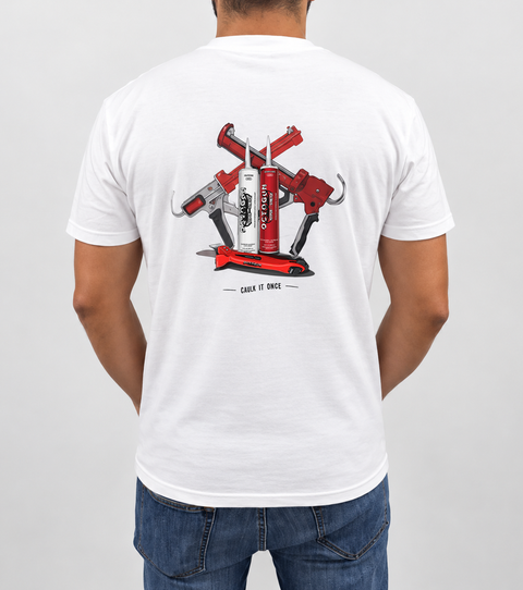 Back of the white Octogun T-Shirt: two Octogun caulk guns crossed behind a Hybrid Adhesive cartridge and a Kitchen and Bath Sealant cartridge, with the Octogun utility knife in front, above the words Caulk It Once