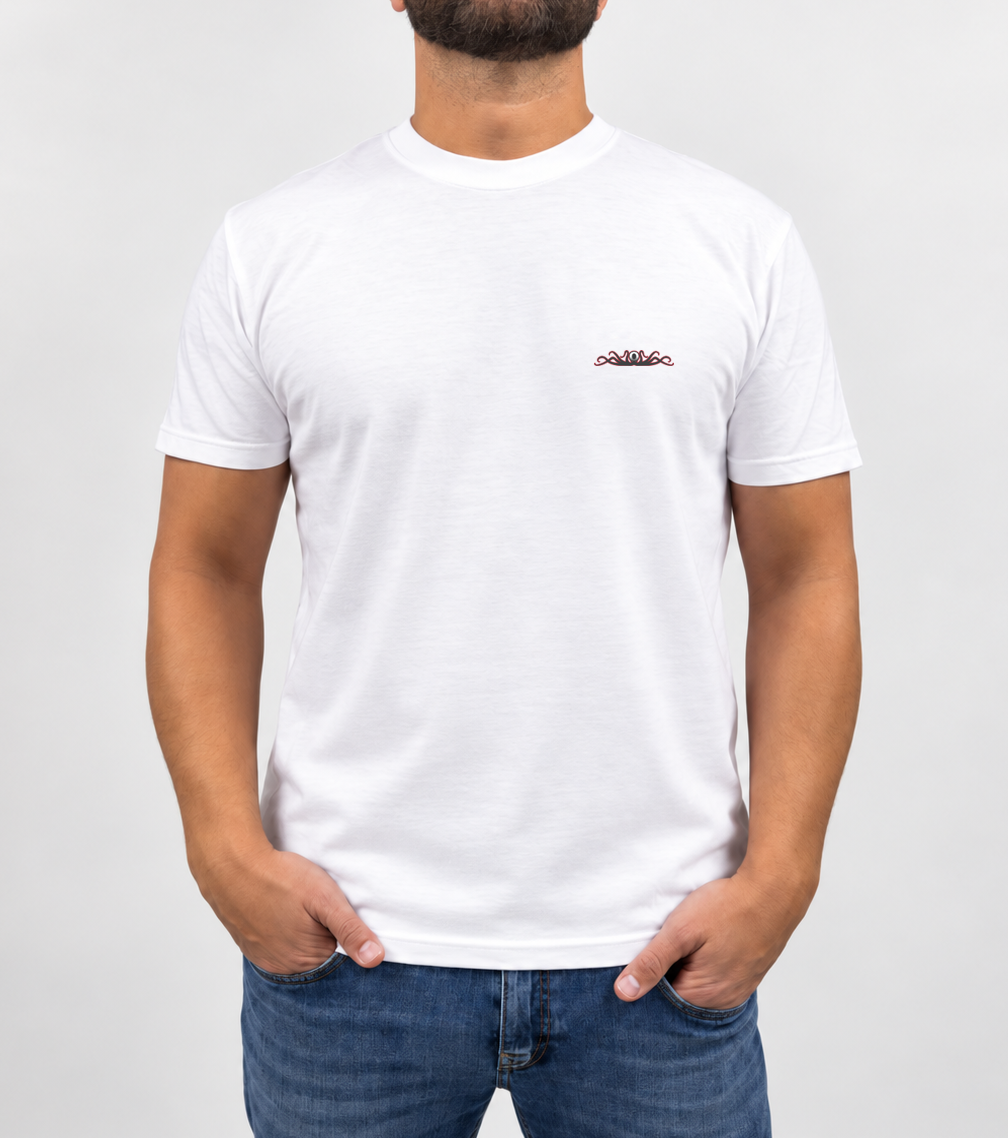 Front of the white Octogun T-Shirt, a short sleeve crew neck with the small red Octogun crest on the left chest