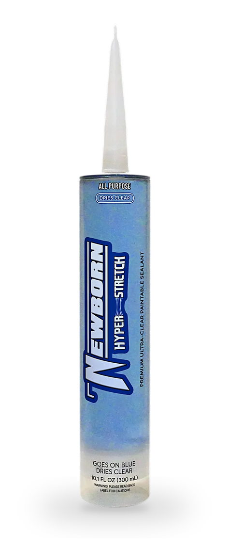 Newborn Crystal Clear Hyper Stretch sealant in a clear 10.1 fl oz cartridge of blue sealant