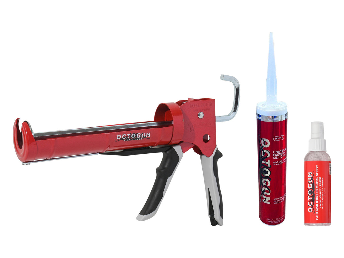 Octogun Recaulk Kit: Newborn 930-GTD caulking gun, Octogun Kitchen & Bath Silicone in white, and Octogun caulk and silicone removal spray