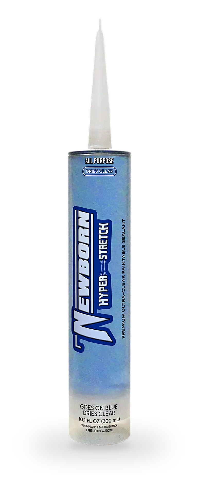 Newborn Crystal Clear Hyper Stretch sealant in a clear 10.1 fl oz cartridge of blue sealant