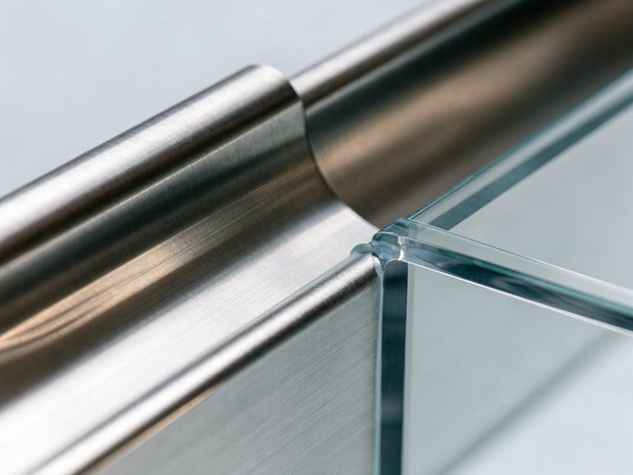 AI shot reference standing in for photography. A finished detail. Metal-to-glass or metal-to-stone transition with the clear bead.