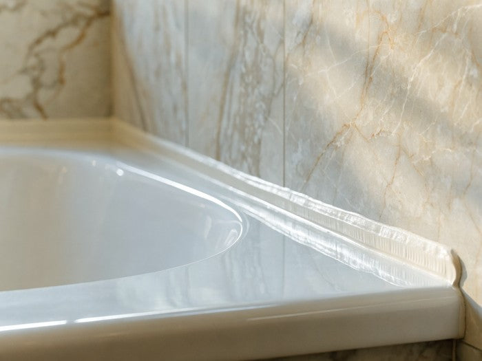 AI shot reference standing in for photography. A real bathroom. Acrylic tub meeting the tile, a fresh white bead tooled along the joint.