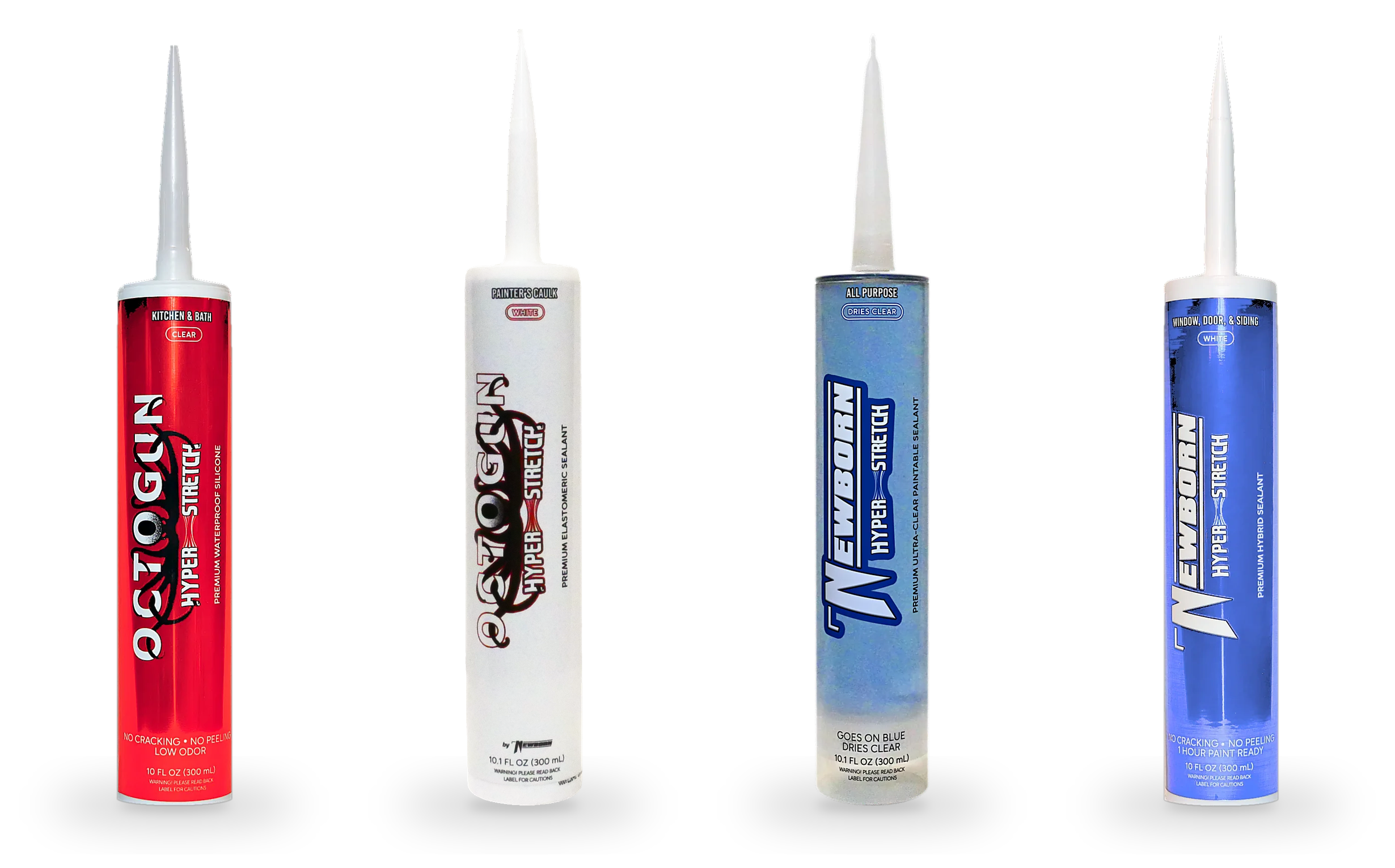 The four Newborn and Octogun sealants side by side at true relative size