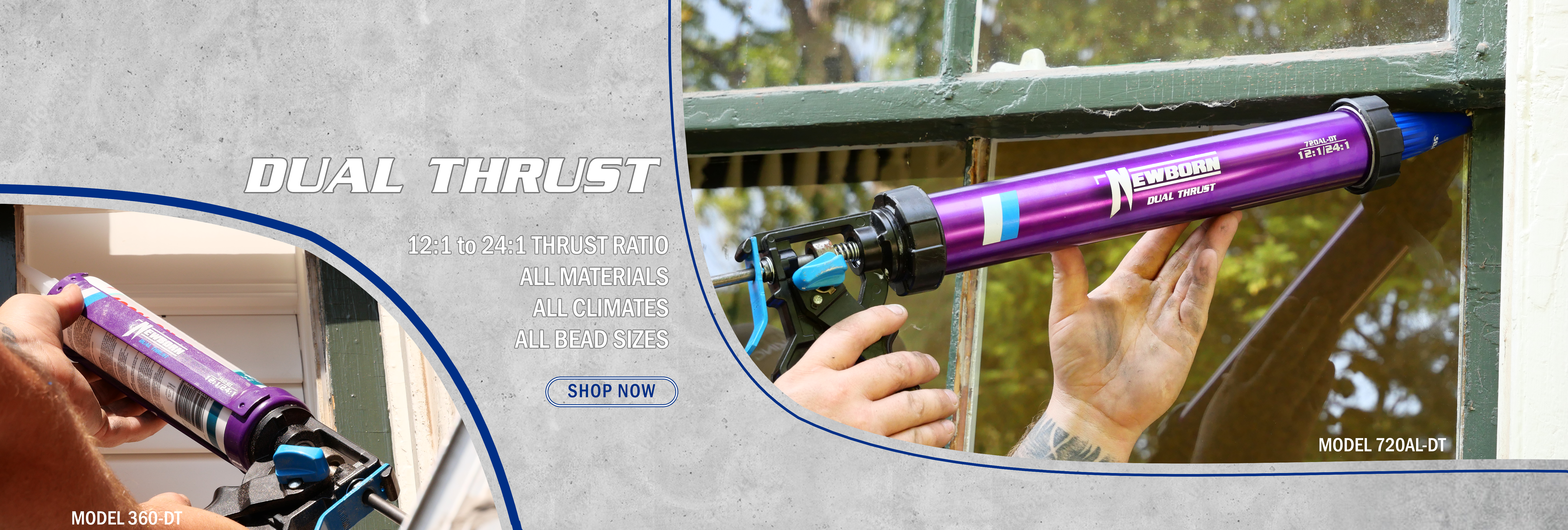 Dual Thrust caulk gun promotion banner deomonstrating how to caulk a window.